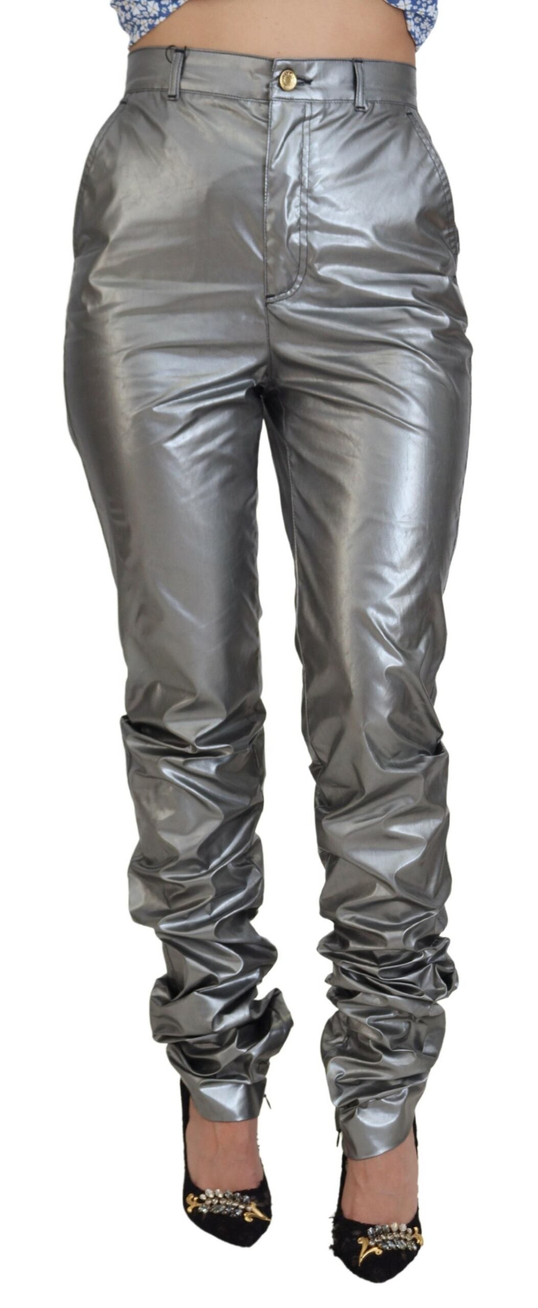 Dolce &amp; Gabbana Metallic-Silber-Röhrenhose mit hoher Taille