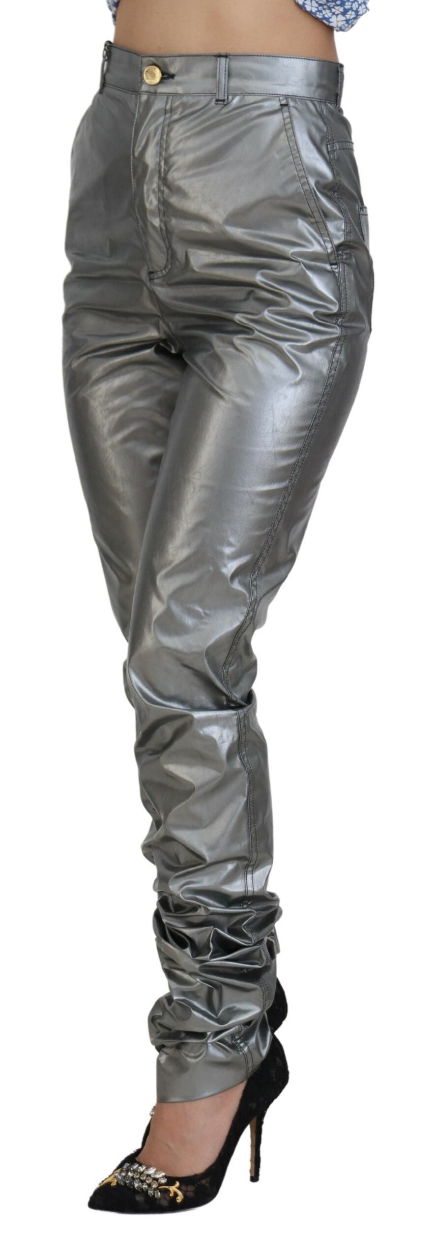 Dolce &amp; Gabbana Metallic-Silber-Röhrenhose mit hoher Taille