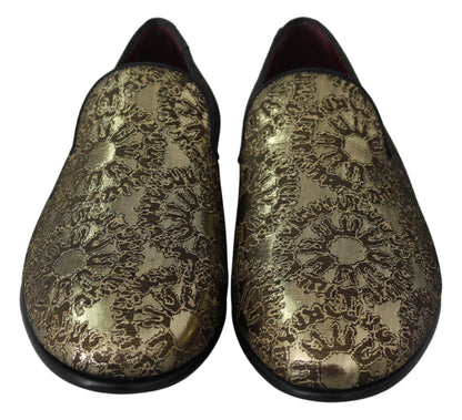 Dolce &amp; Gabbana Gold Jacquard Flats Herren-Loafer-Schuhe