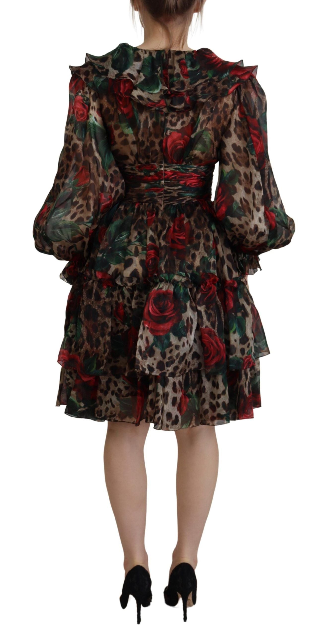 Dolce &amp; Gabbana Braunes Kleid mit Rüschen aus Seide und Leopardenrosen