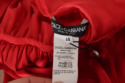 Dolce &amp; Gabbana Rotes Midikleid aus Satin-Seide mit Knopfleiste und Gürtel