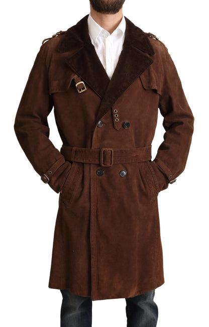 Dolce &amp; Gabbana Brauner langer Trenchcoat aus Leder für Herren