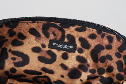 Dolce &amp; Gabbana Blue Logo Print Handtasche Kulturbeutel mit Leopardenmuster