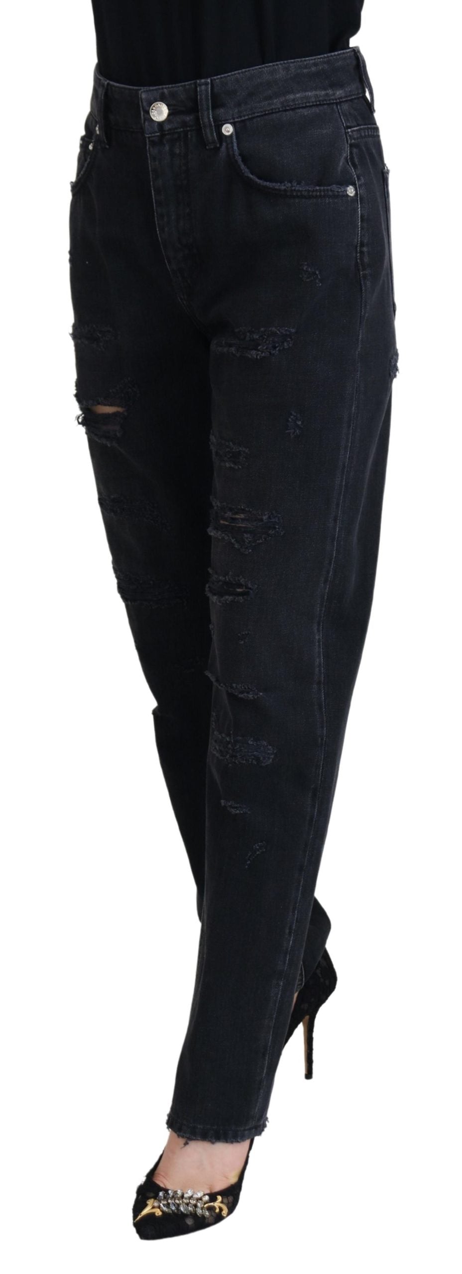 Dolce &amp; Gabbana – Zerfetzte Denim-Jeans aus schwarzer Baumwolle mit hoher Taille