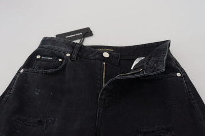 Dolce &amp; Gabbana – Zerfetzte Denim-Jeans aus schwarzer Baumwolle mit hoher Taille