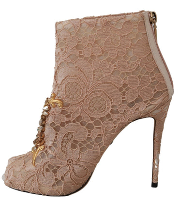 Dolce &amp; Gabbana Pink Crystal Lace Booties Stilettos Schuhe