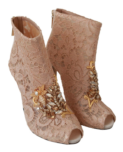 Dolce &amp; Gabbana Pink Crystal Lace Booties Stilettos Schuhe