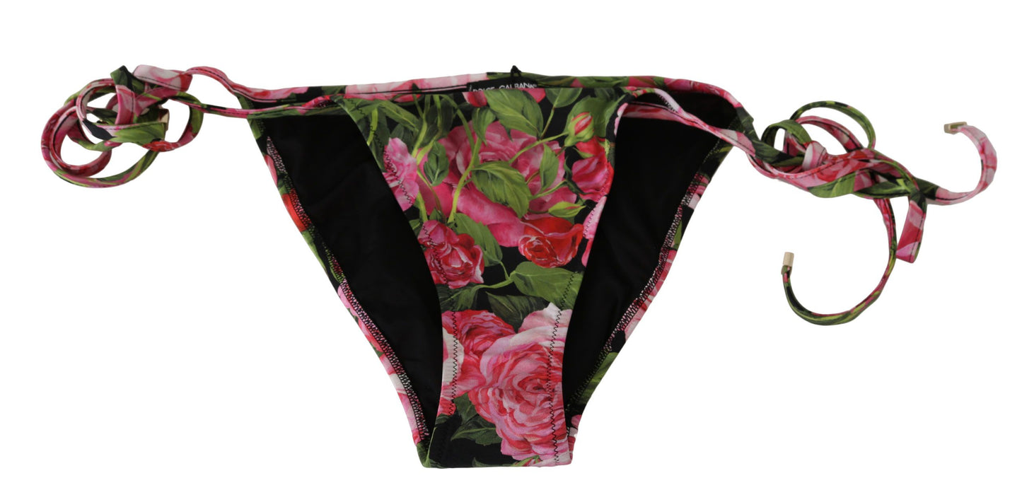 Dolce &amp; Gabbana Schwarz-Rosa-Rosendruck-Unterteil-Bikini-Strandbekleidung