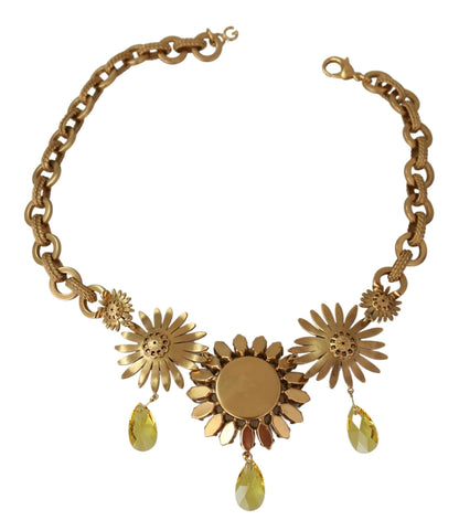 Dolce &amp; Gabbana Gold Messing Kette Kristall Sunlower Anhänger Halskette