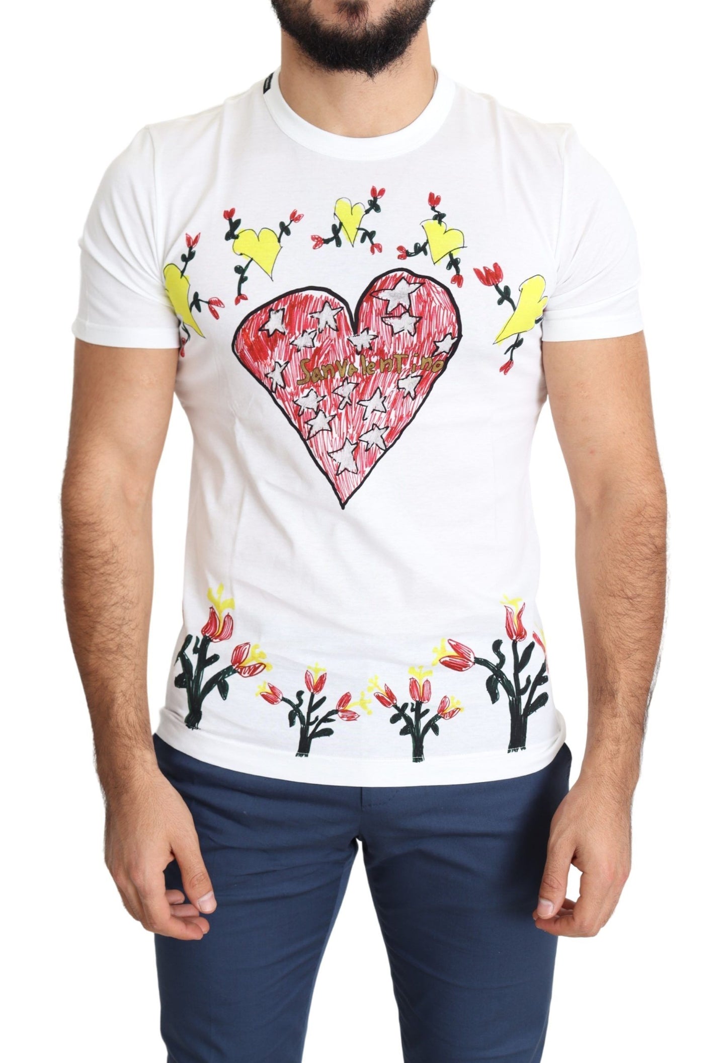 Dolce &amp; Gabbana Weißes Herren-T-Shirt aus Baumwolle mit Saint-Valentine-Print