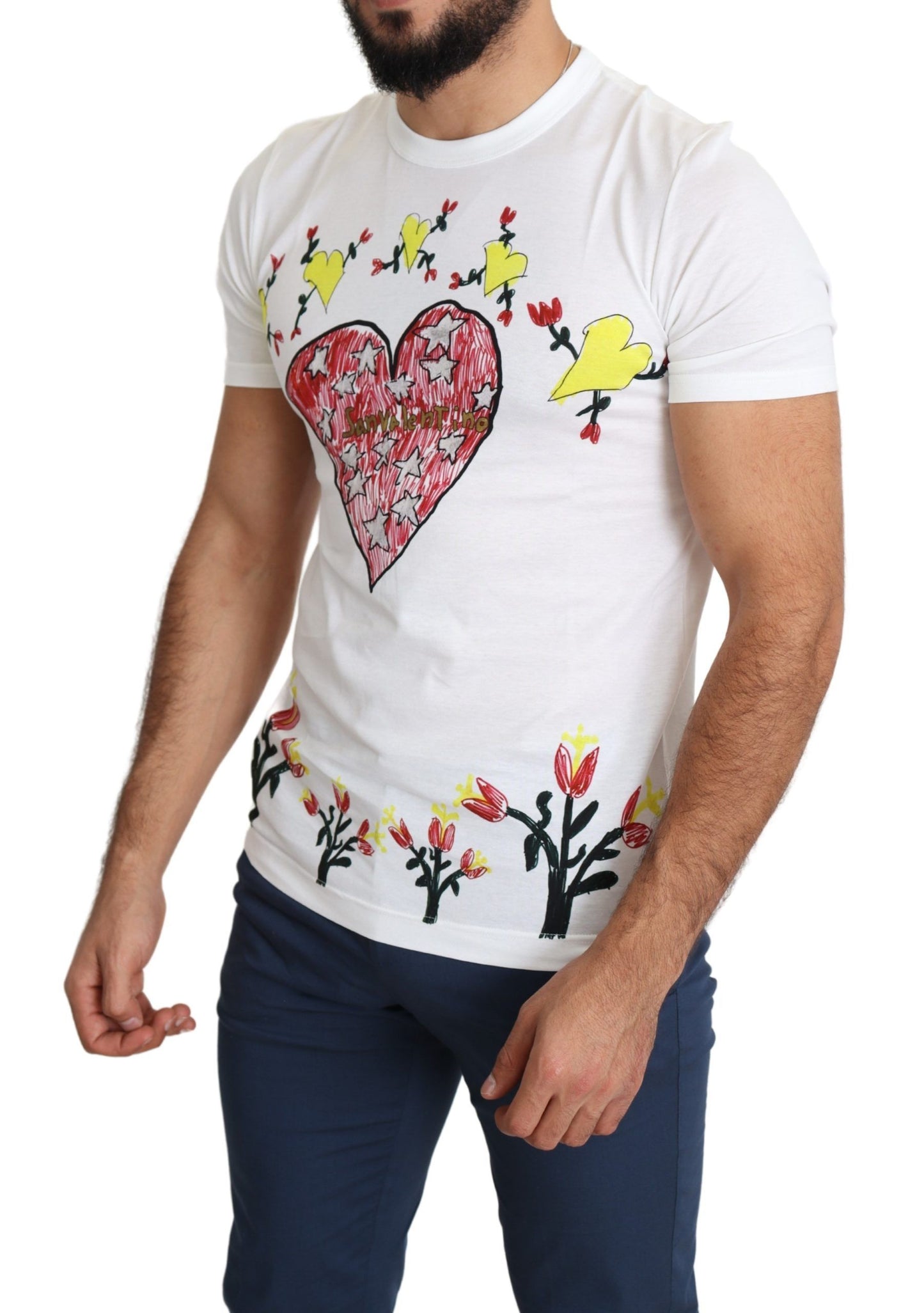 Dolce &amp; Gabbana Weißes Herren-T-Shirt aus Baumwolle mit Saint-Valentine-Print