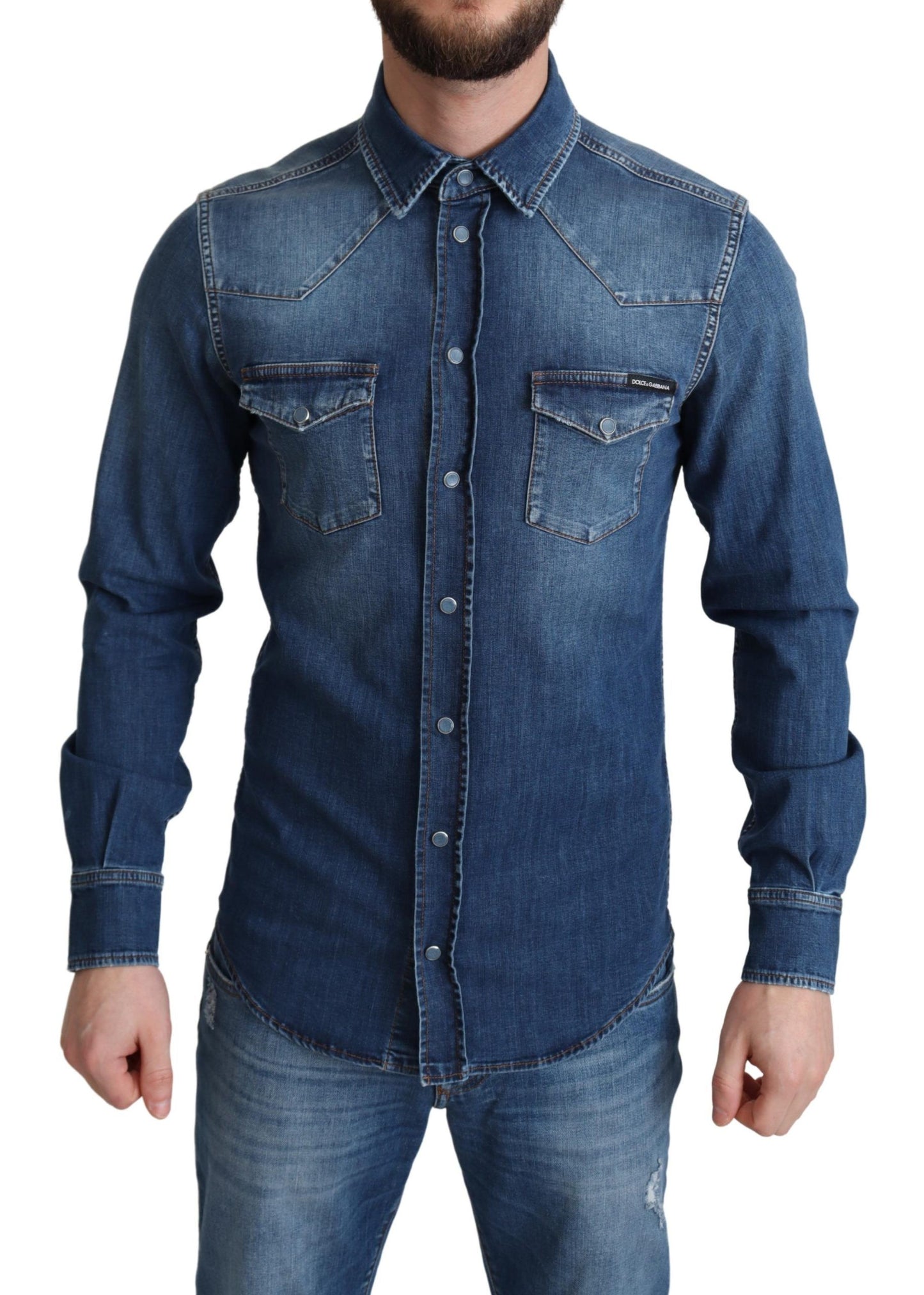 Dolce &amp; Gabbana Blaues Baumwoll-Stretch-Jeanshemd mit langen Ärmeln