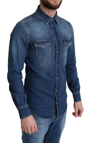 Dolce &amp; Gabbana Blaues Baumwoll-Stretch-Jeanshemd mit langen Ärmeln