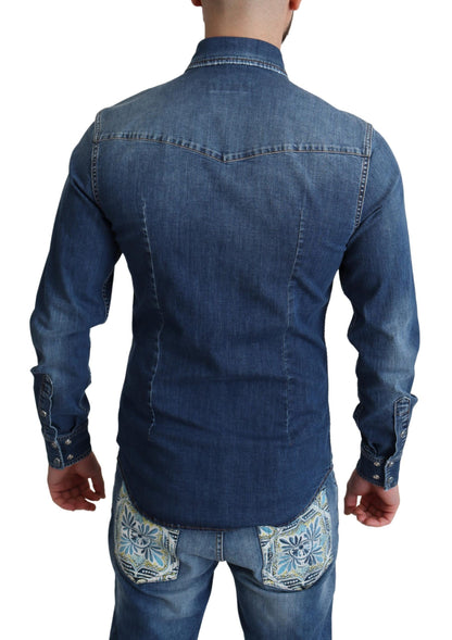 Dolce &amp; Gabbana Blaues Baumwoll-Stretch-Jeanshemd mit langen Ärmeln