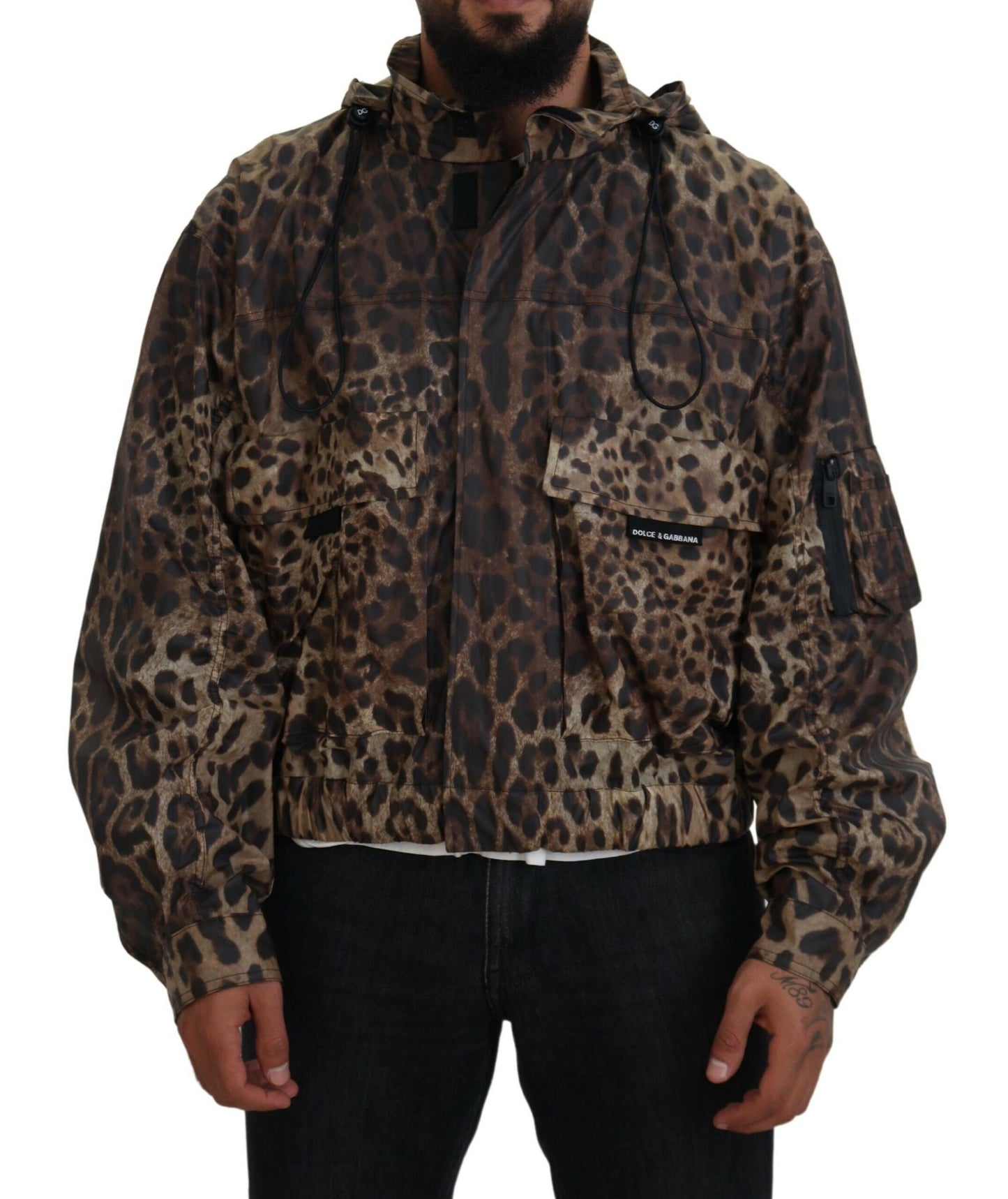 Dolce &amp; Gabbana Braune Herren-Kapuzenjacke mit Leopardenmuster