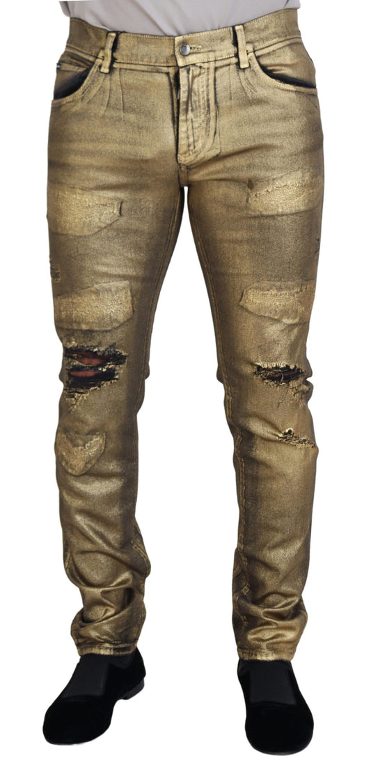 Dolce &amp; Gabbana Gold Cotton Tattered Skinny Jeans für Herren