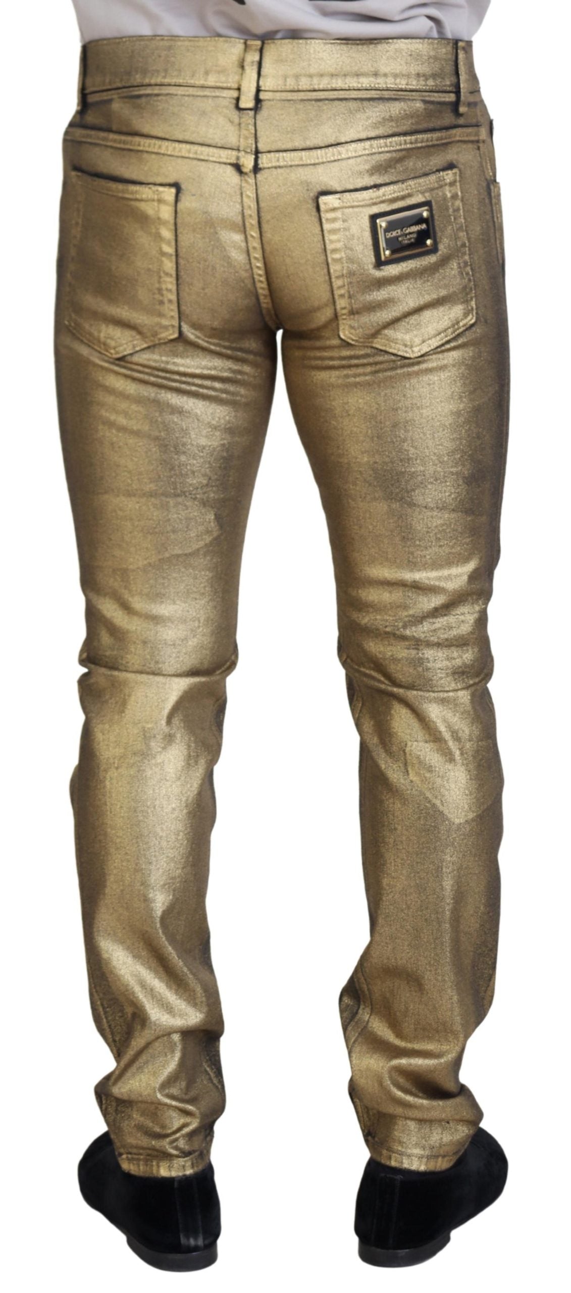 Dolce &amp; Gabbana Gold Cotton Tattered Skinny Jeans für Herren