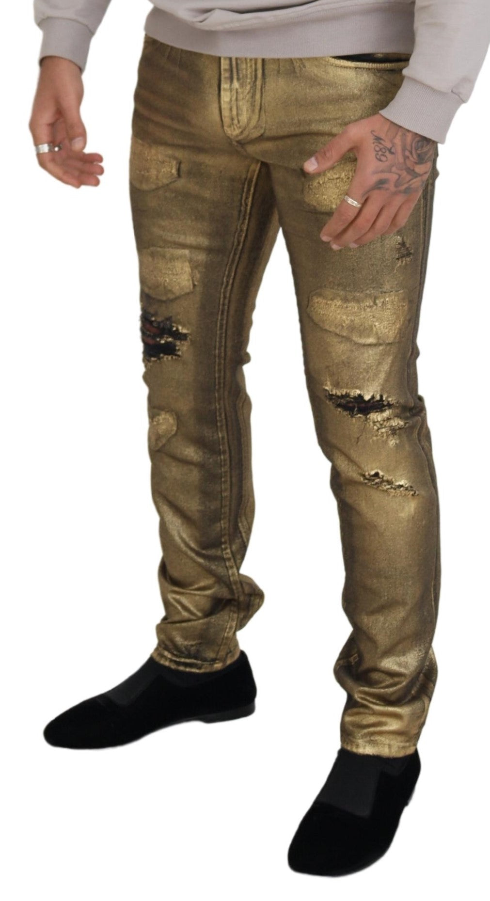 Dolce &amp; Gabbana Gold Cotton Tattered Skinny Jeans für Herren