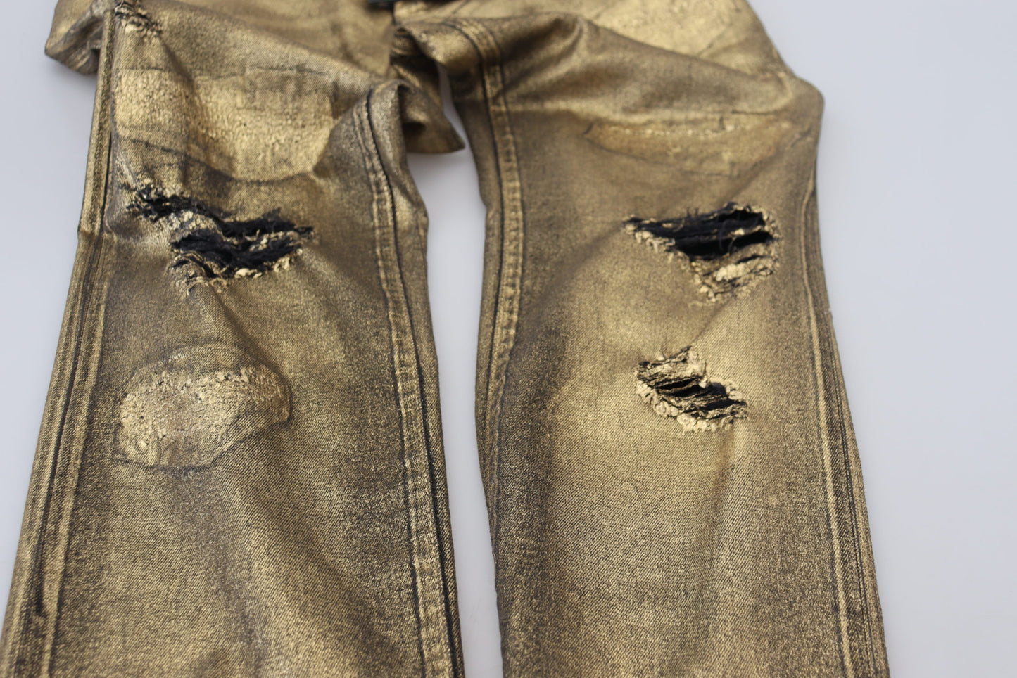 Dolce &amp; Gabbana Gold Cotton Tattered Skinny Jeans für Herren