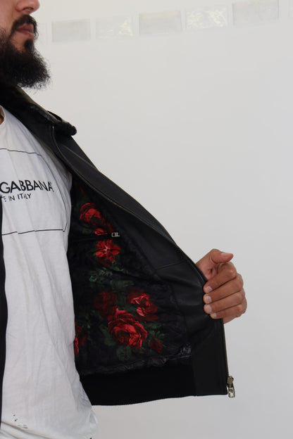 Dolce &amp; Gabbana Herrenmanteljacke aus schwarzem Lammleder mit Kragen