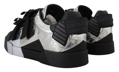 Dolce &amp; Gabbana Schwarz-Silber-Leder-Low-Top-Sneakers, Freizeitschuhe