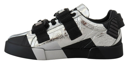 Dolce &amp; Gabbana Schwarz-Silber-Leder-Low-Top-Sneakers, Freizeitschuhe