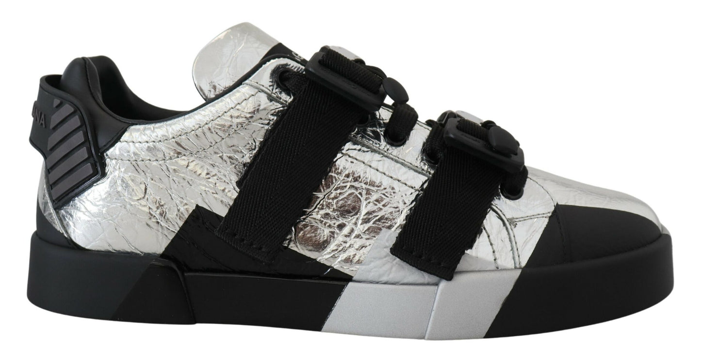 Dolce &amp; Gabbana Schwarz-Silber-Leder-Low-Top-Sneakers, Freizeitschuhe