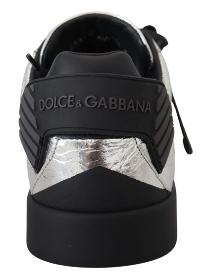 Dolce &amp; Gabbana Schwarz-Silber-Leder-Low-Top-Sneakers, Freizeitschuhe