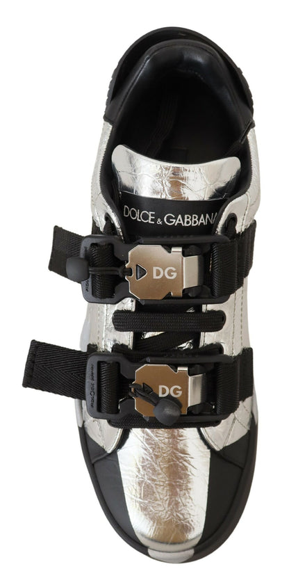 Dolce &amp; Gabbana Schwarz-Silber-Leder-Low-Top-Sneakers, Freizeitschuhe