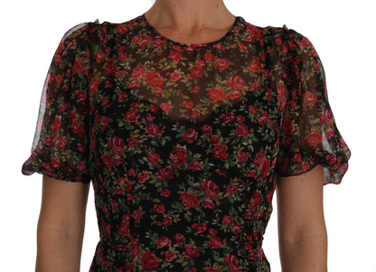 Dolce &amp; Gabbana Schwarzes A-Linien-Etuikleid mit Blumen- und Rosenmuster