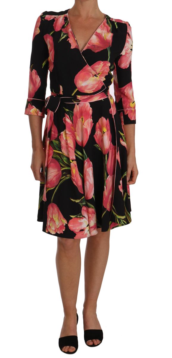 Dolce &amp; Gabbana Stretch-Etuikleid mit Tulpenmuster in Schwarz und Rosa