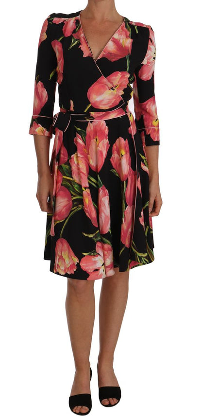 Dolce &amp; Gabbana Stretch-Etuikleid mit Tulpenmuster in Schwarz und Rosa