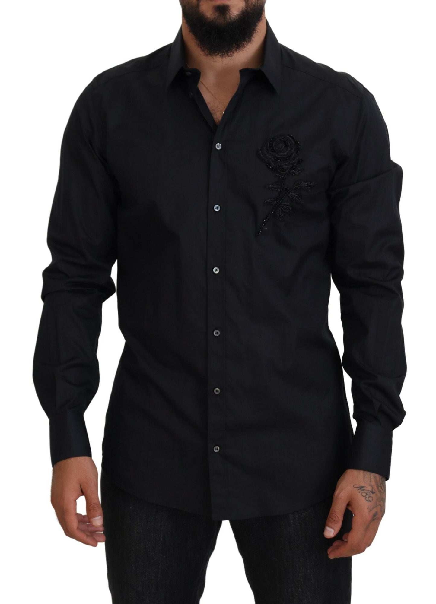 Dolce &amp; Gabbana Black Roses Slim Fit Baumwollhemd