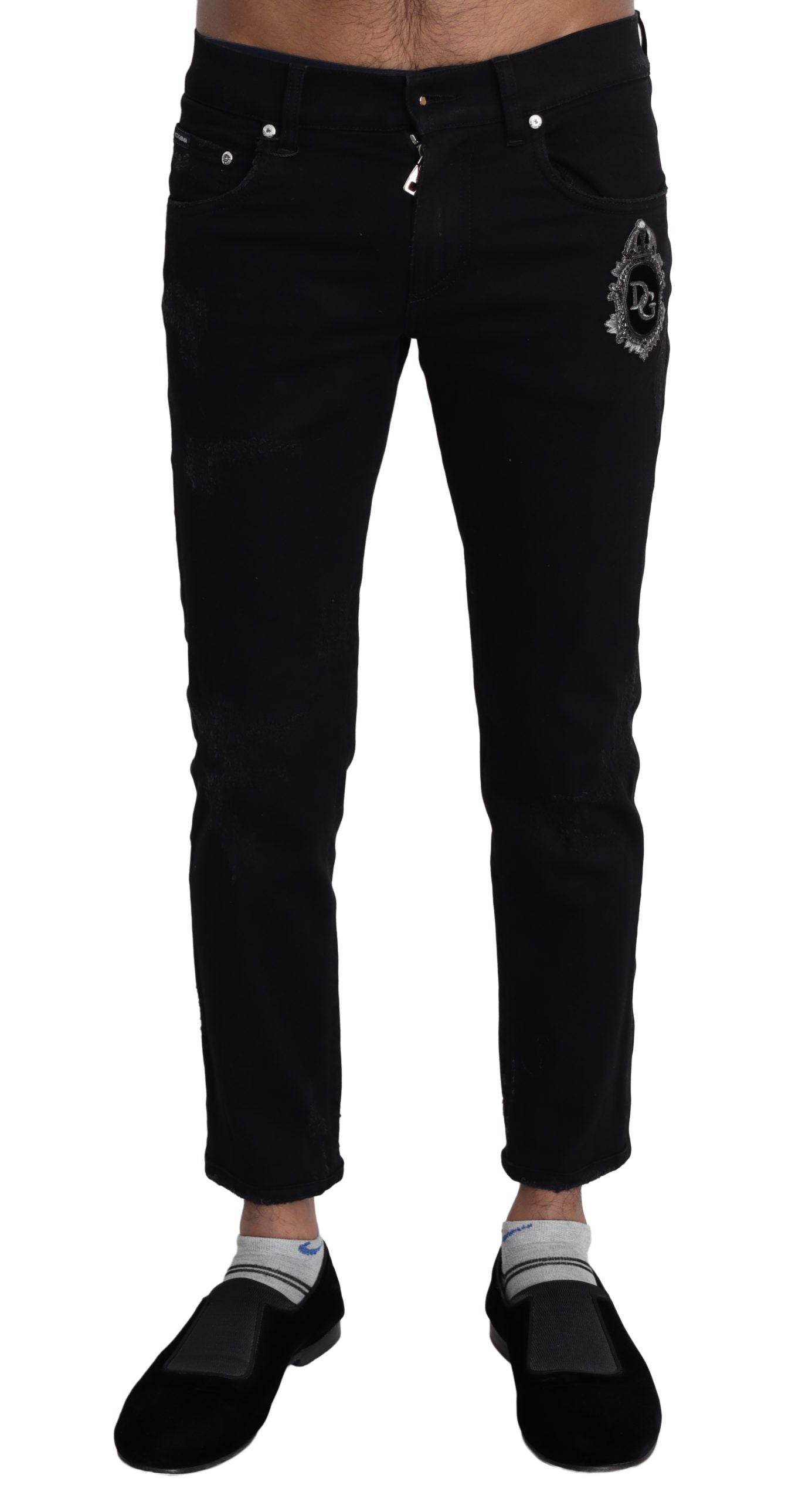 Dolce &amp; Gabbana – Schwarze Skinny-Denim-Jeans mit heraldischer Stickerei