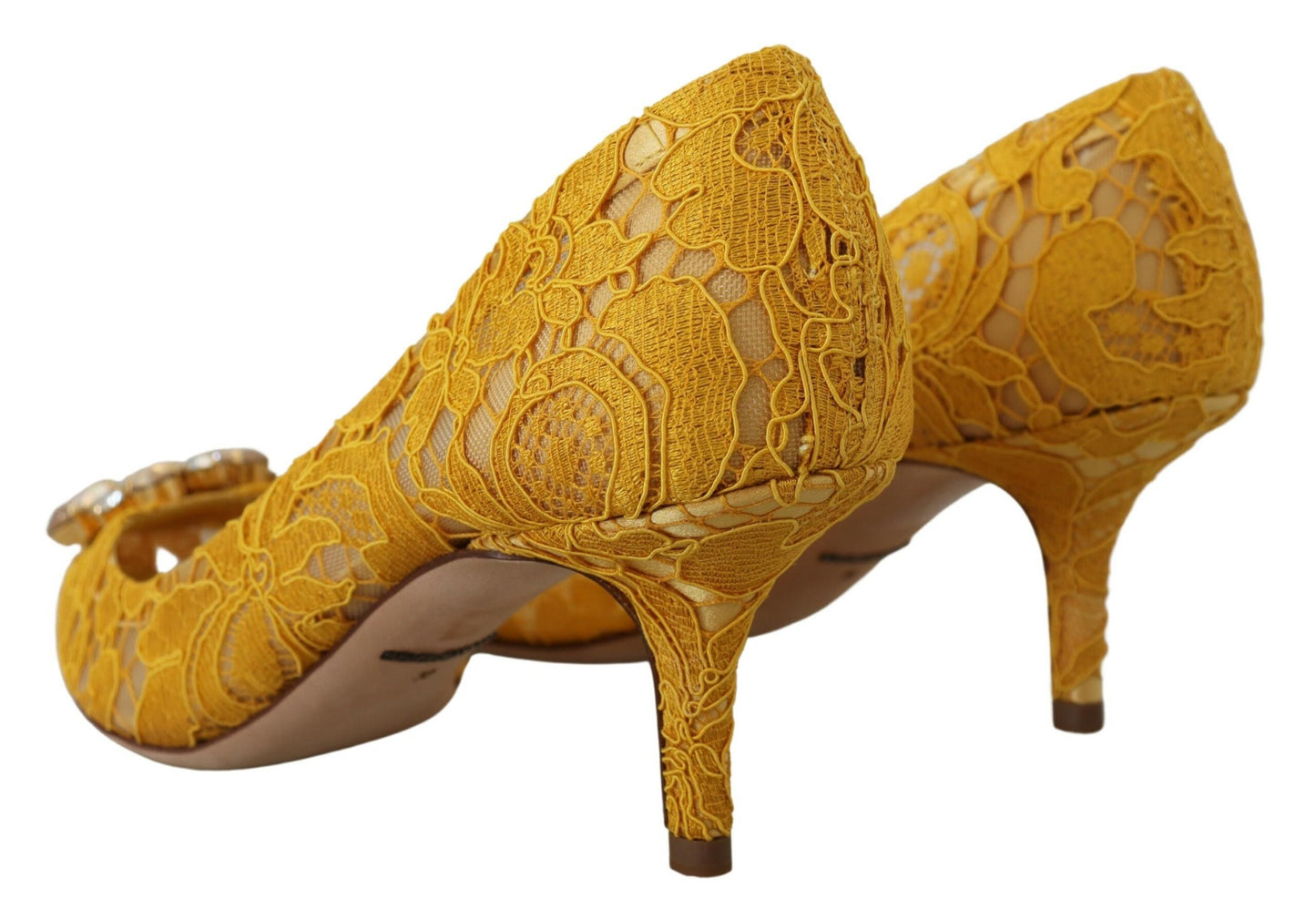 Dolce & Gabbana Yellow Lace Heels with Crystal Embellishment