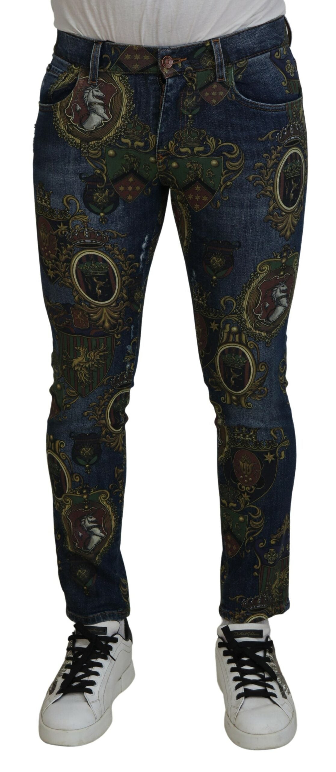 Dolce &amp; Gabbana Blaue Skinny-Denim-Jeans aus Baumwolle mit Wappendruck