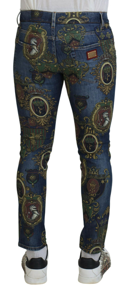 Dolce &amp; Gabbana Blaue Skinny-Denim-Jeans aus Baumwolle mit Wappendruck