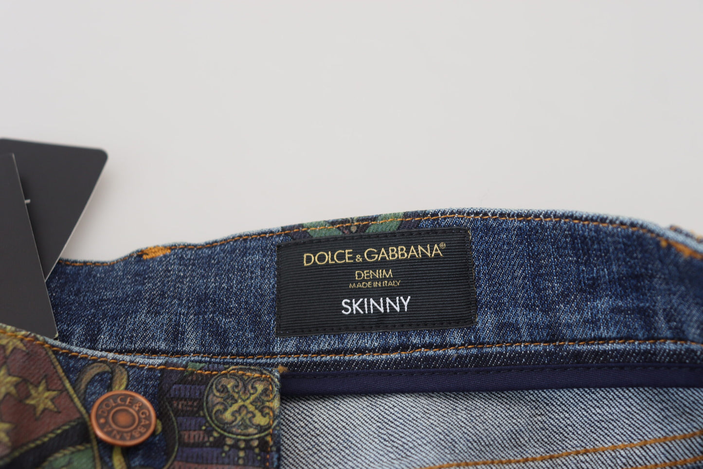 Dolce &amp; Gabbana Blaue Skinny-Denim-Jeans aus Baumwolle mit Wappendruck