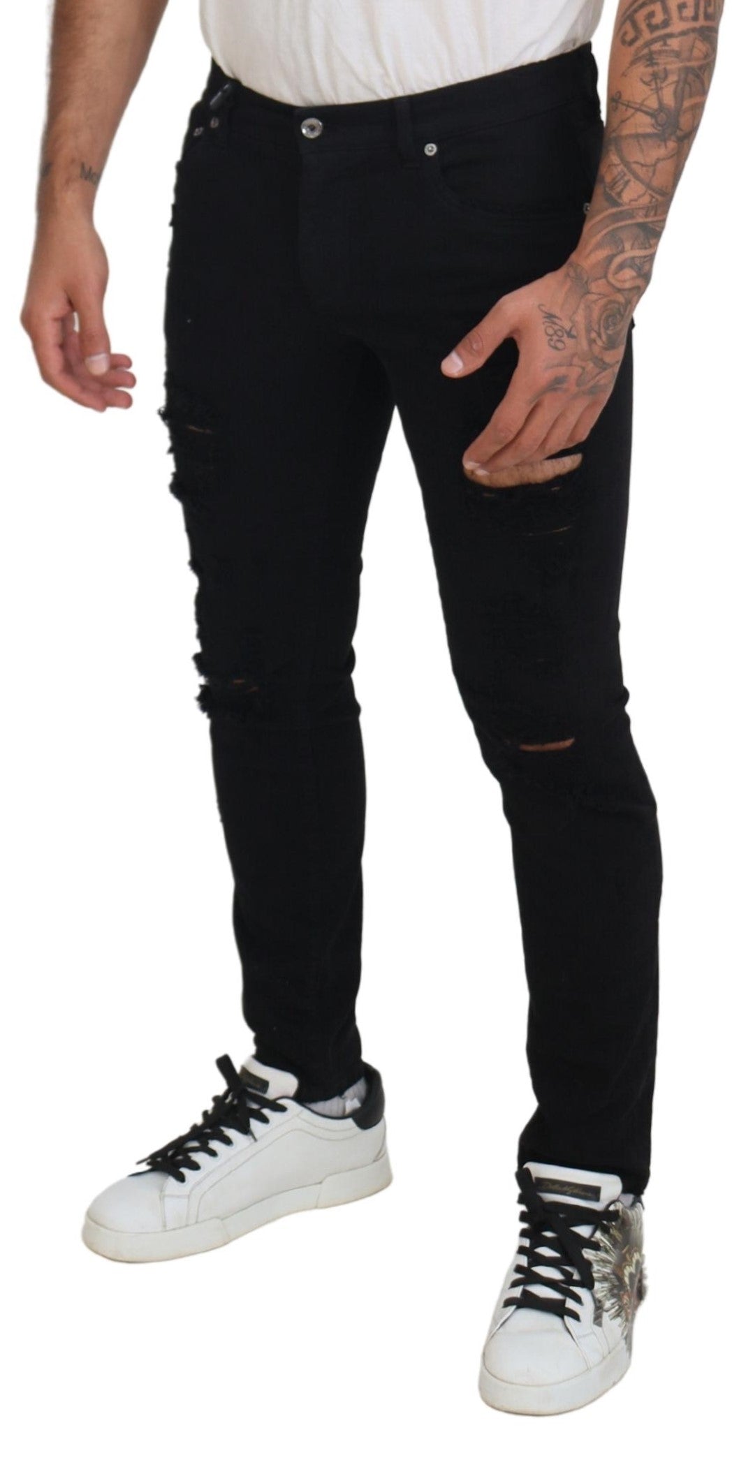 Dolce &amp; Gabbana – Schwarze Slim-Fit-Jeans aus zerschlissenem Denim und Baumwolle