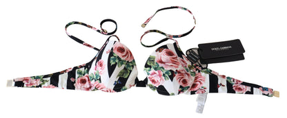 Dolce &amp; Gabbana Mehrfarbig gestreiftes Badebekleidungs-Bikinioberteil mit Rosendruck