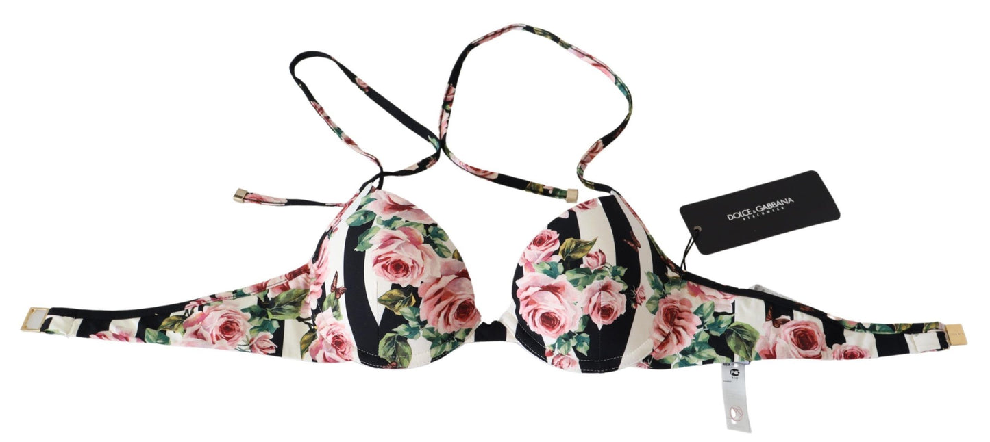 Dolce &amp; Gabbana Mehrfarbig gestreiftes Badebekleidungs-Bikinioberteil mit Rosendruck