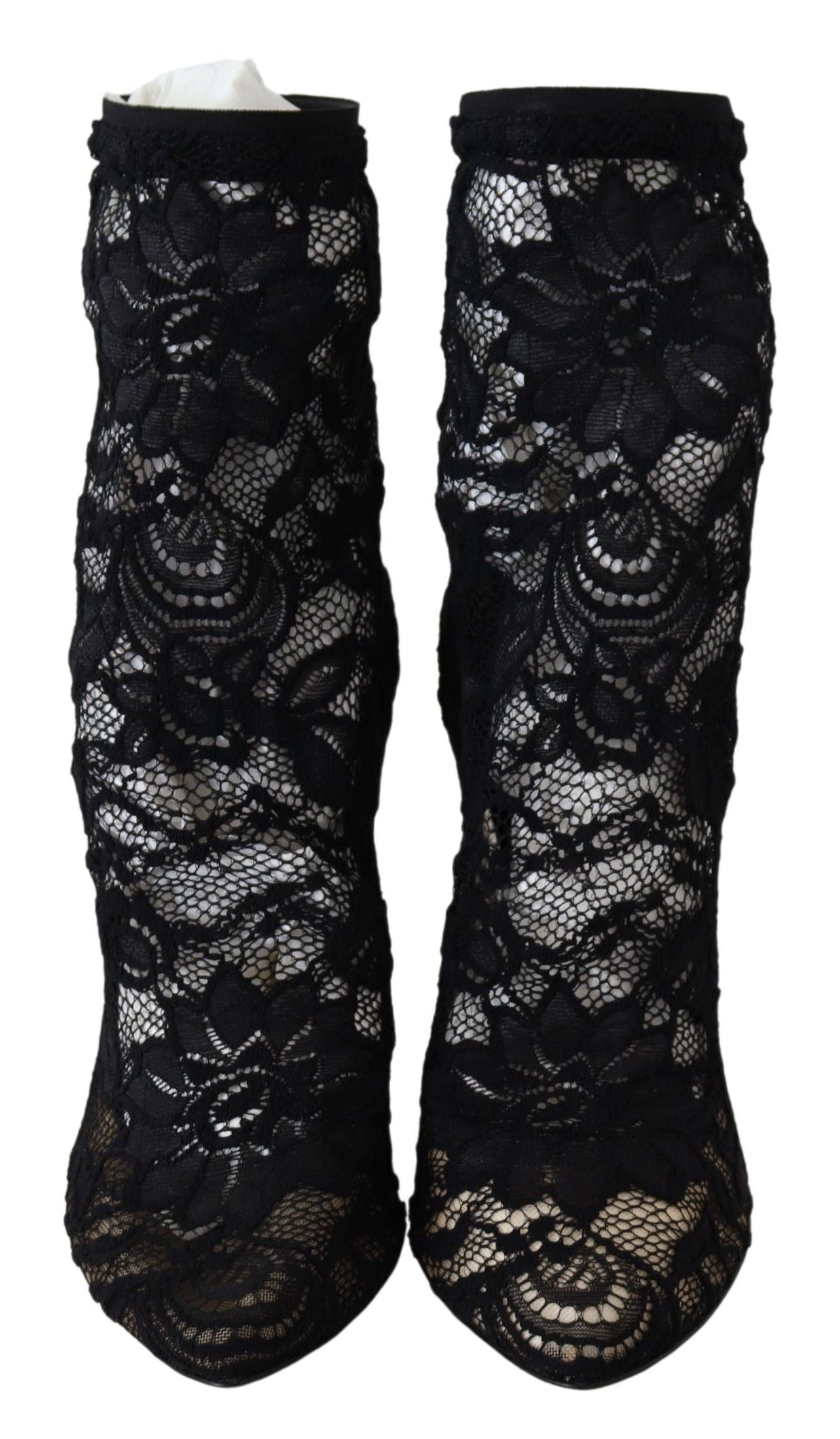 Dolce &amp; Gabbana Schwarze Spitzen-Taormina-Stiefel mit hohem Absatz