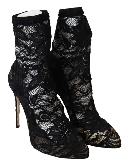 Dolce &amp; Gabbana Schwarze Spitzen-Taormina-Stiefel mit hohem Absatz