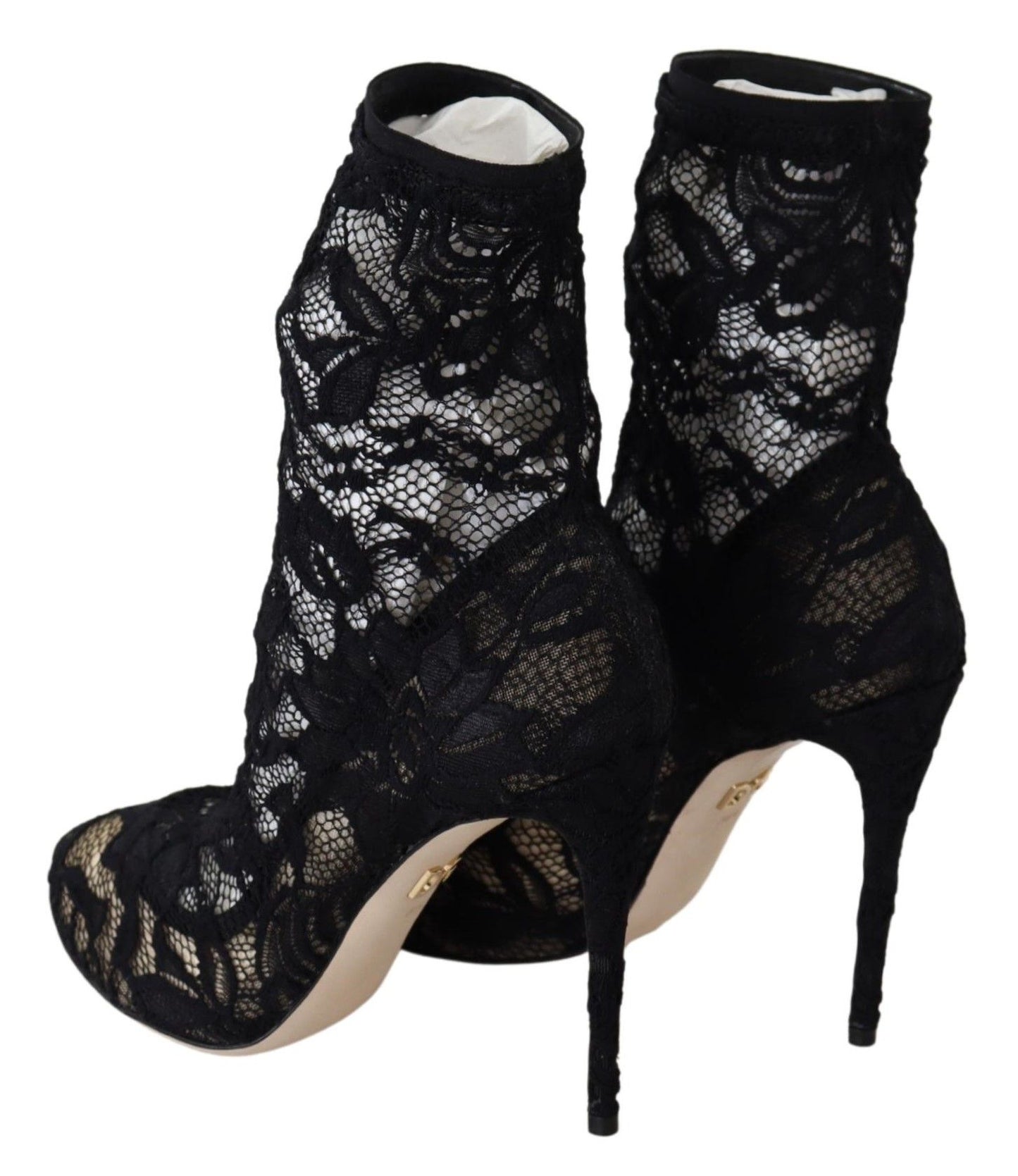 Dolce &amp; Gabbana Schwarze Spitzen-Taormina-Stiefel mit hohem Absatz