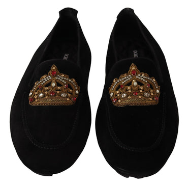 Dolce &amp; Gabbana Loafer-Schuhe aus schwarzem Leder mit Kristallgoldkrone