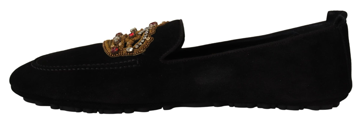 Dolce &amp; Gabbana Loafer-Schuhe aus schwarzem Leder mit Kristallgoldkrone