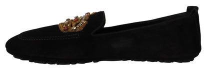 Dolce &amp; Gabbana Loafer-Schuhe aus schwarzem Leder mit Kristallgoldkrone