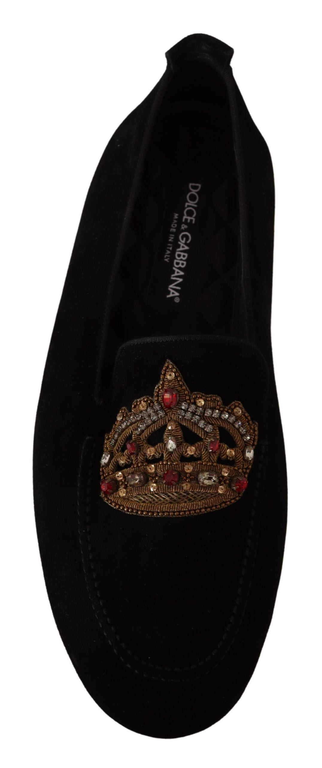 Dolce &amp; Gabbana Loafer-Schuhe aus schwarzem Leder mit Kristallgoldkrone