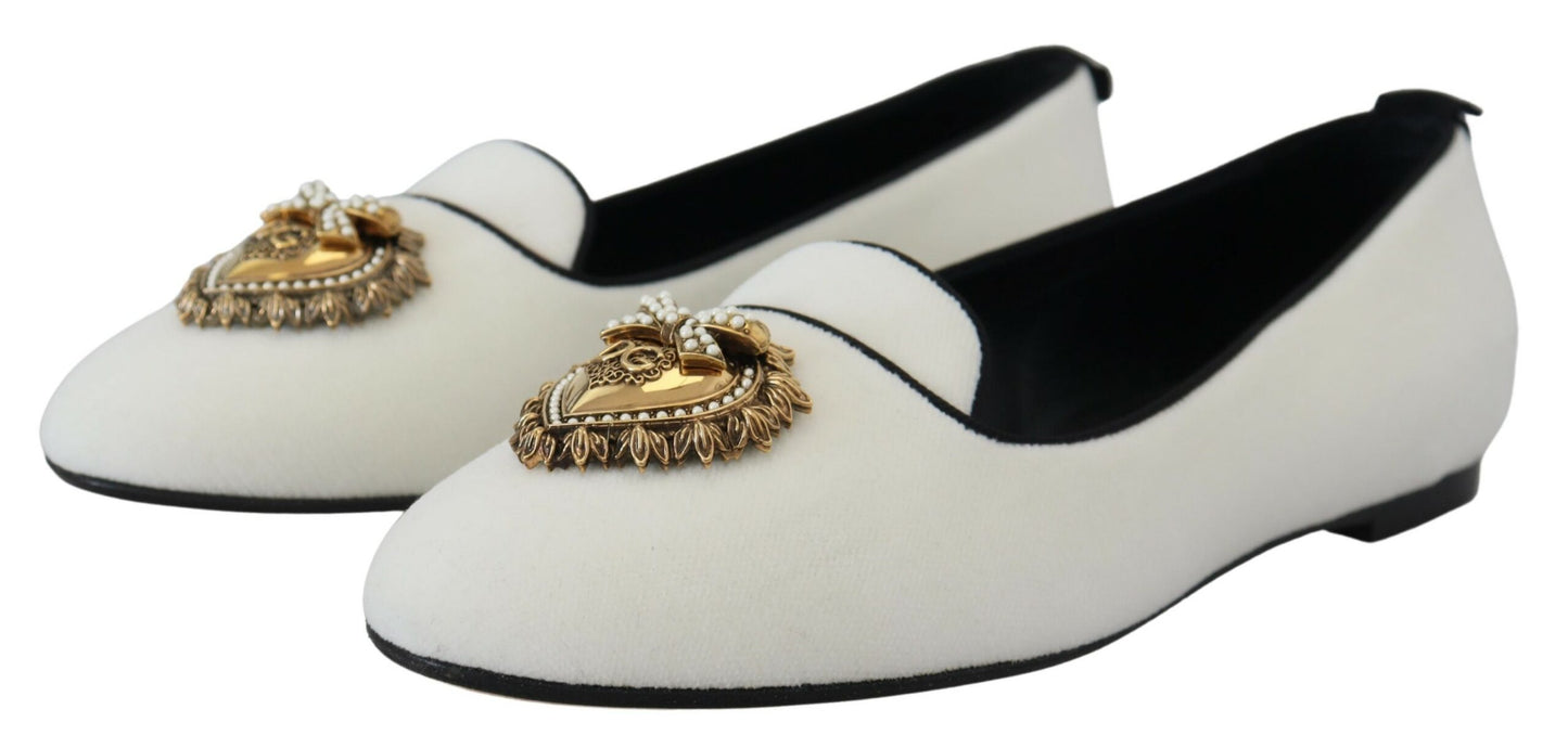 Dolce &amp; Gabbana Weiße Samt-Slip-Ons-Loafer-Flats-Schuhe