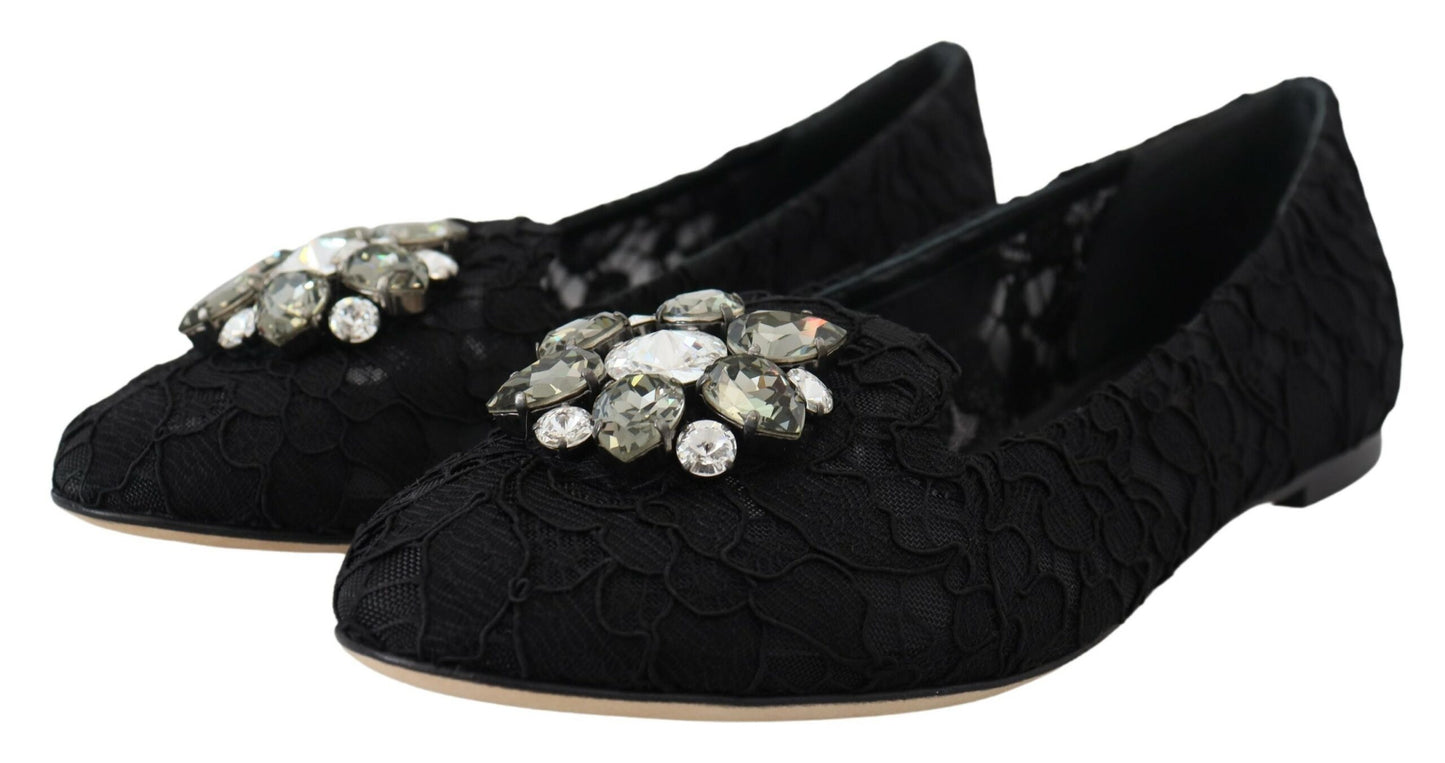 Dolce &amp; Gabbana schwarze flache Schuhe aus Taormina-Spitze mit Kristallen